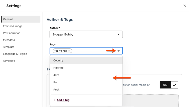 In the content editor, the settings dialog box is displayed. General is selected by default in the left sidebar menu. In the Author and Tags section, an arrow is pointing to the Tags dropdown menu and an arrow points to the available tag options.