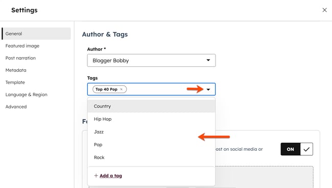 In the content editor, the settings dialog box is displayed. General is selected by default in the left sidebar menu. In the Author and Tags section, an arrow is pointing to the Tags dropdown menu and an arrow points to the available tag options.