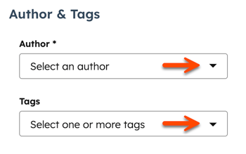 In the content editor for a blog post, the Settings dialog box is displayed. An arrow points to the Author dropdown menu and the Tags dropdown menu.