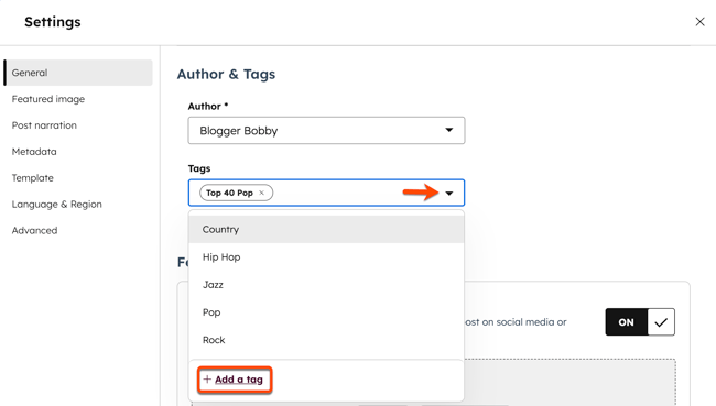 In the content editor, the settings dialog box is displayed. General is selected by default in the left sidebar menu. In the Author &amp; Tags section, an arrow is pointing to the Tags dropdown menu and the options are displayed. A box is placed around the + Add a tag option.
