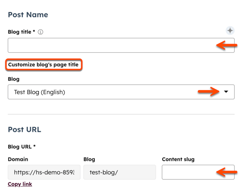 In the content editor for a blog post, the Settings dialog box is displayed. An arrow points to the Blog title field, Blog field, and the Content slug field. A box is placed around the Customize blog's page title hyperlinked text.