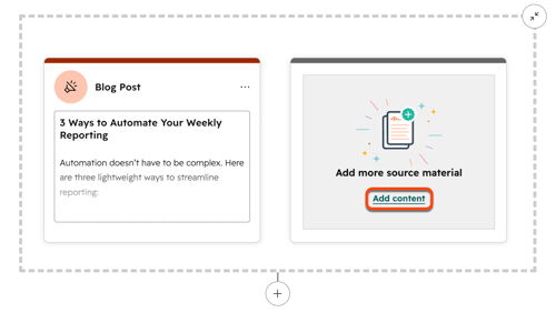 In the content remix editor, starting content is displayed. A box is placed around the Add content hyperlinked text in the Add more source material box.