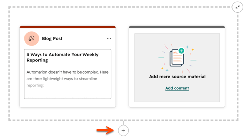In the content remix editor, starting content is displayed. An arrow points to the + Add button to begin generating content.