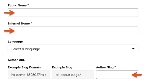 On the Blog authors page, the Create a new author right panel is displayed. An arrow points to required fields, including Public name, Internal name, and Author Slug.
