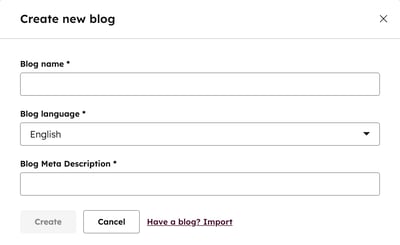 A página de configurações do blog é exibida com uma caixa de diálogo visível para a criação de um novo blog. Três campos estão presentes na caixa de diálogo, incluindo Nome do blog, Idioma do blog e Metadescrição do blog.