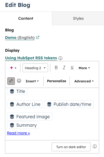 In the content editor for a blog subscription email, the sidebar editor is displayed. The display field is shown with RSS tokens including: Title, Author Line, Publish date/time, Featured image and summary.