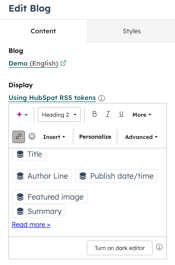 In the content editor for a blog subscription email, the sidebar editor is displayed. The display field is shown with RSS tokens including: Title, Author Line, Publish date/time, Featured image and summary.
