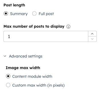 In the content editor for a blog subscription email, the sidebar editor is displayed. The post length, max number of posts to display, and advanced settings are shown.