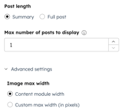 In the content editor for a blog subscription email, the sidebar editor is displayed. The post length, max number of posts to display, and advanced settings are shown.