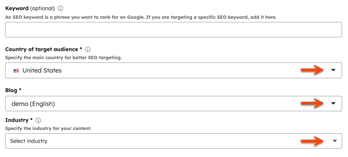 The Define idea page is displayed when generating a blog post. The following fields are visible, Keyword, Country of target audience, Blog, and Industry. An arrow points to the Country of target audience, Blog and, Industry dropdown menus.