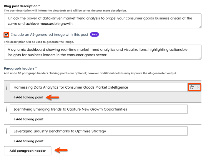 The Review outline page for generating a blog post is shown. Boxes highlight the option to include an AI-generated image and the regenerate and X icons. Arrows point to the Add talking point link and the Add paragraph header button.