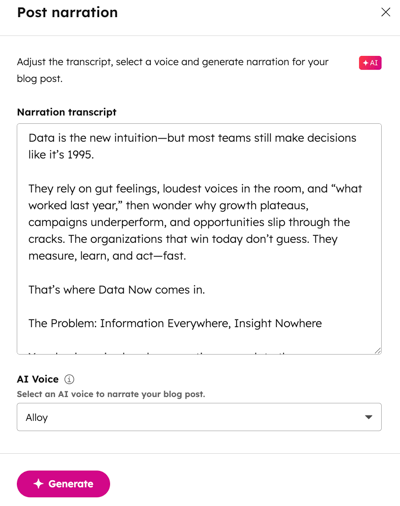 In the content editor for a blog post, the post narration right panel is displayed. Two fields are present: Narration transcript (text input field) and AI Voice (dropdown menu). A Generate button is displayed at the bottom of the right panel.