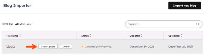 The blog importer page is displayed. An arrow points to the import posts button when hovering over an uploaded blog.