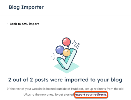 The blog importer page is displayed, showing that posts were successfully imported. A box is placed around the export your redirects hyperlinked text.