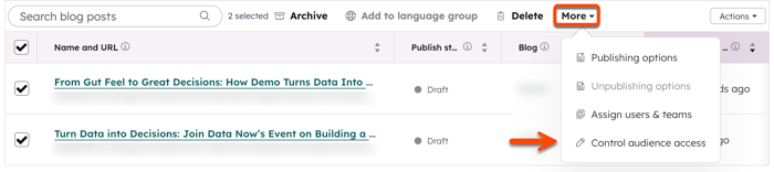 The blog index page is displayed. Two blog posts are selected. A box is placed around the More dropdown menu at the top of the index and an arrow points to the Control audience access option.