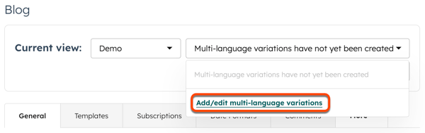 In blog settings, the multi-language variations dropdown menu is displayed. A box is placed around Add/Edit multi-language variations hyperlinked text.