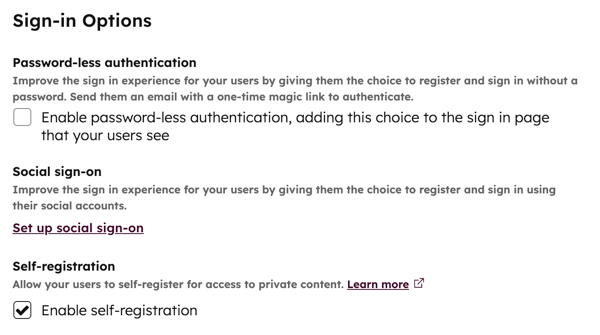In the private content settings, the Sign-in Options section is displayed with the Enable self-registration checkbox selected.
