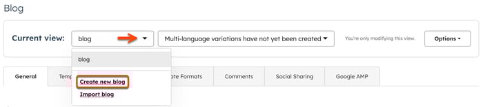 A página de configurações do blog é exibida. Uma seta aponta para o menu suspenso Modo de exibição atual. No menu, uma caixa é colocada ao redor do texto com hiperlink Criar novo blog.