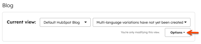 The blog settings page is displayed. An arrow points to the Options dropdown menu on the top right.