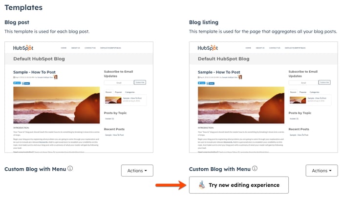 In the blog settings, the templates tab is displayed. In the templates section, an arrow is pointing to the Try new editing experience.