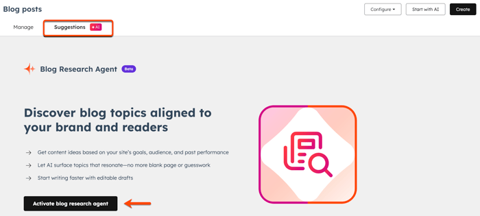 The blog posts page is displayed with the suggestions tab. A box is placed around the suggestions tab and an arrow is pointing to the activate blog research agent button.