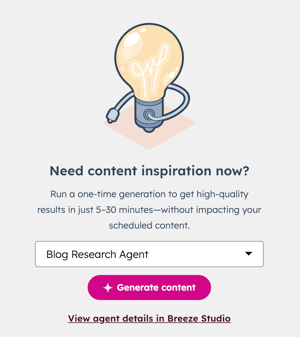 The blog posts page is displayed with the suggestions tab selected. The dropdown menu is visible with the blog research agent selected and a generate content button is displayed.