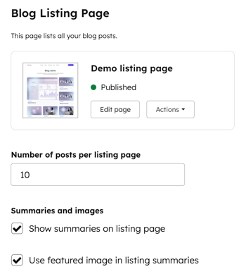 The content blog settings are displayed for the Templates tab. The Blog Listing Page section is visible with an Actions dropdown menu and Edit page button. There are additional options including number of posts per listing page, summaries, and featured images.