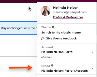 Screenshot showing the navigation to click your profile and then hover hover Brand.