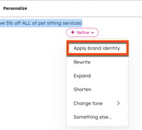Screenshot illustrating the process to apply brand voice to an SMS message using the Refine tool.