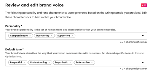 A screenshot showing the personality and tone for your voice.