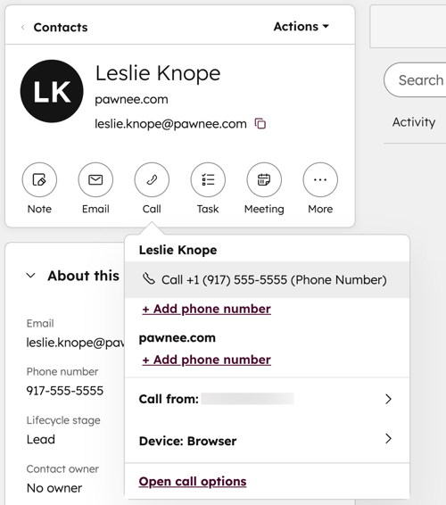 A contact record in the CRM, showing the steps to dial a call from the record. A pop-box displays the phone number and additional call options.