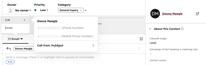 The conversation inbox, displaying the option to call the contact directly from the inbox.