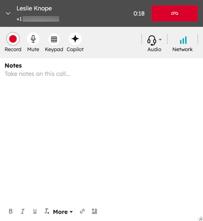 The calling window displayed during a call, showing call settings such as, record, mute, leave notes, and more.