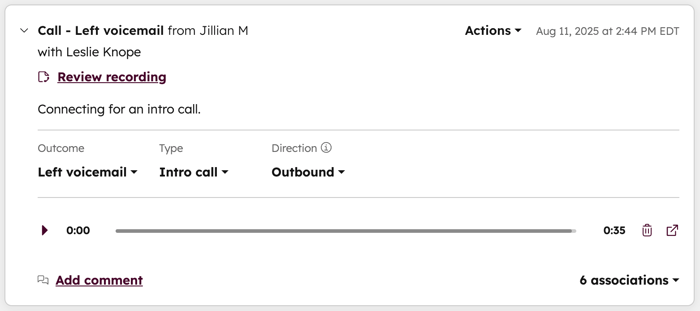 The contact record timeline, showing a logged call. The logged activity includes the call outcome, call type, call direction, call recording, and more.