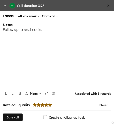 The calling window, showing options to add call labels, create call notes, save the call, and more.