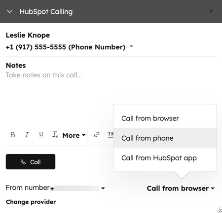 HubSpot calling, showing a call being dialed from the contact record, highlighting the option to select your calling device.