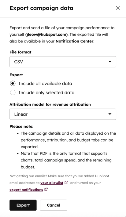 キャンペーン個人のパフォーマンスのエクスポート