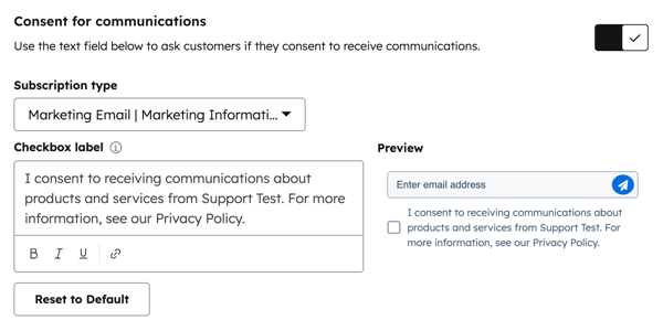 The chatflow editor, displaying the option to configure consent for communications.