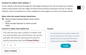 The chatflow editor, displaying the option to configure consent to collect chat cookies.