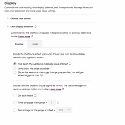 A gif showing chat display behavior options in the chatflow editor.