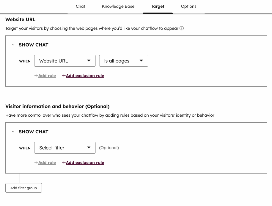A gif displaying how to configure target rules in the chatflow editor.