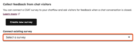 The chatflow editor, highlighting the option to connect an existing survey to the chatflow.