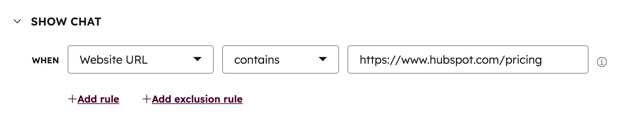Chatflow target rules, displaying an example website URL rule.