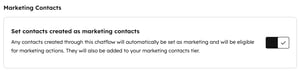 The chatflow editor, showing the setting to set contacts created as marketing contacts.