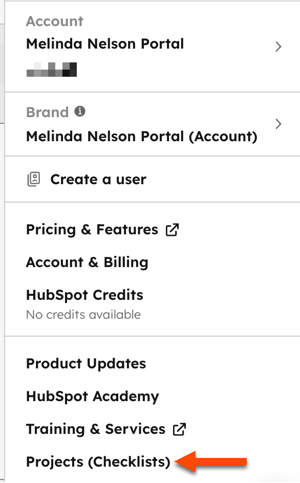 Account menu in HubSpot settings with the Projects (Checklists) option highlighted by an arrow in the left sidebar menu.
