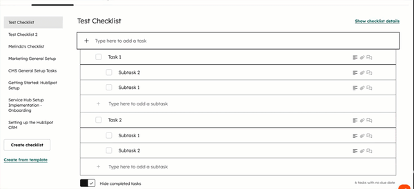 Animated GIF showing that you can drag to reorder tasks and toggle to hide or show completed tasks.