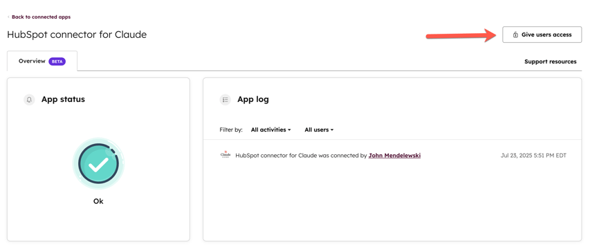 screenshot showing the Give users access button in HubSpot