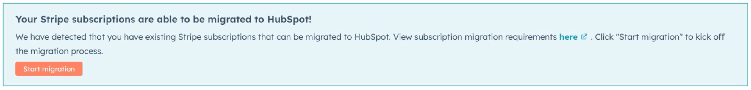 Screenshot of the banner in HubSpot informing that the Stripe subscriptions are eligible for migration to HubSpot.