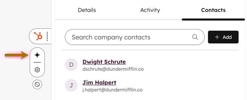 Screenshot showing the HubSpot Sales Chrome extension sidebar when used across the web, highlighting how to access Breeze Assistant.