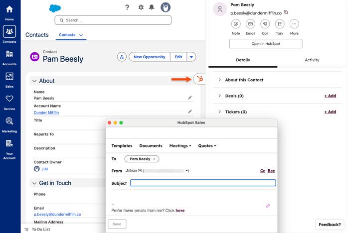 Screenshot showing the HubSpot Sales Chrome extension used in Salesforce to access a contact.